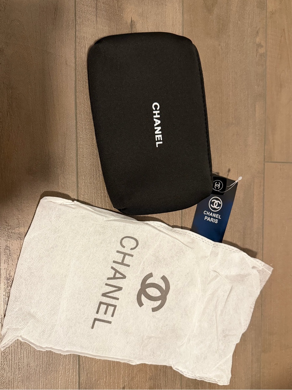 NWT CHANEL Black Toiletry Pouch with White Logo and Dust Bag